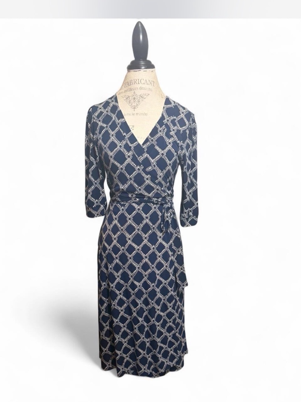 Merona Navy Blue and White geometric lattice print Midi Dress Sz M